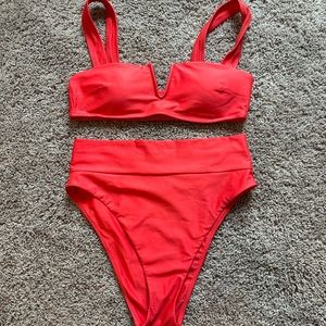 Aerie coral swimsuit - high waist cheeky bottoms (M) and bandeau top (S)